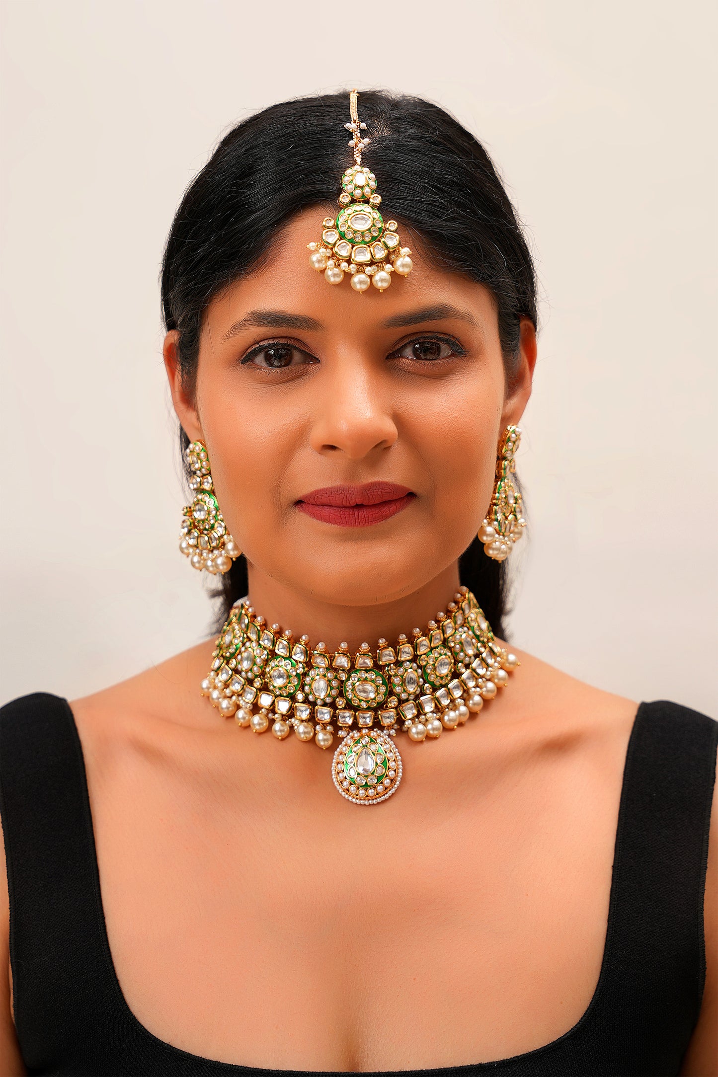 Emerald Green Enamel Moissanite Polki Choker Set with Pearl Drops in 22 Karat Gold Plating (Set of 3)