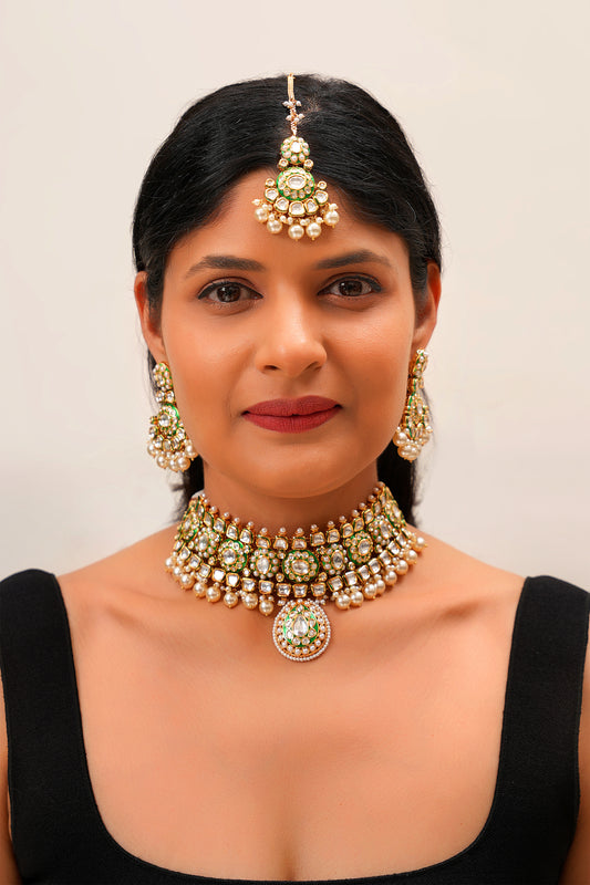 Emerald Green Enamel Moissanite Polki Choker Set with Pearl Drops in 22 Karat Gold Plating (Set of 3)
