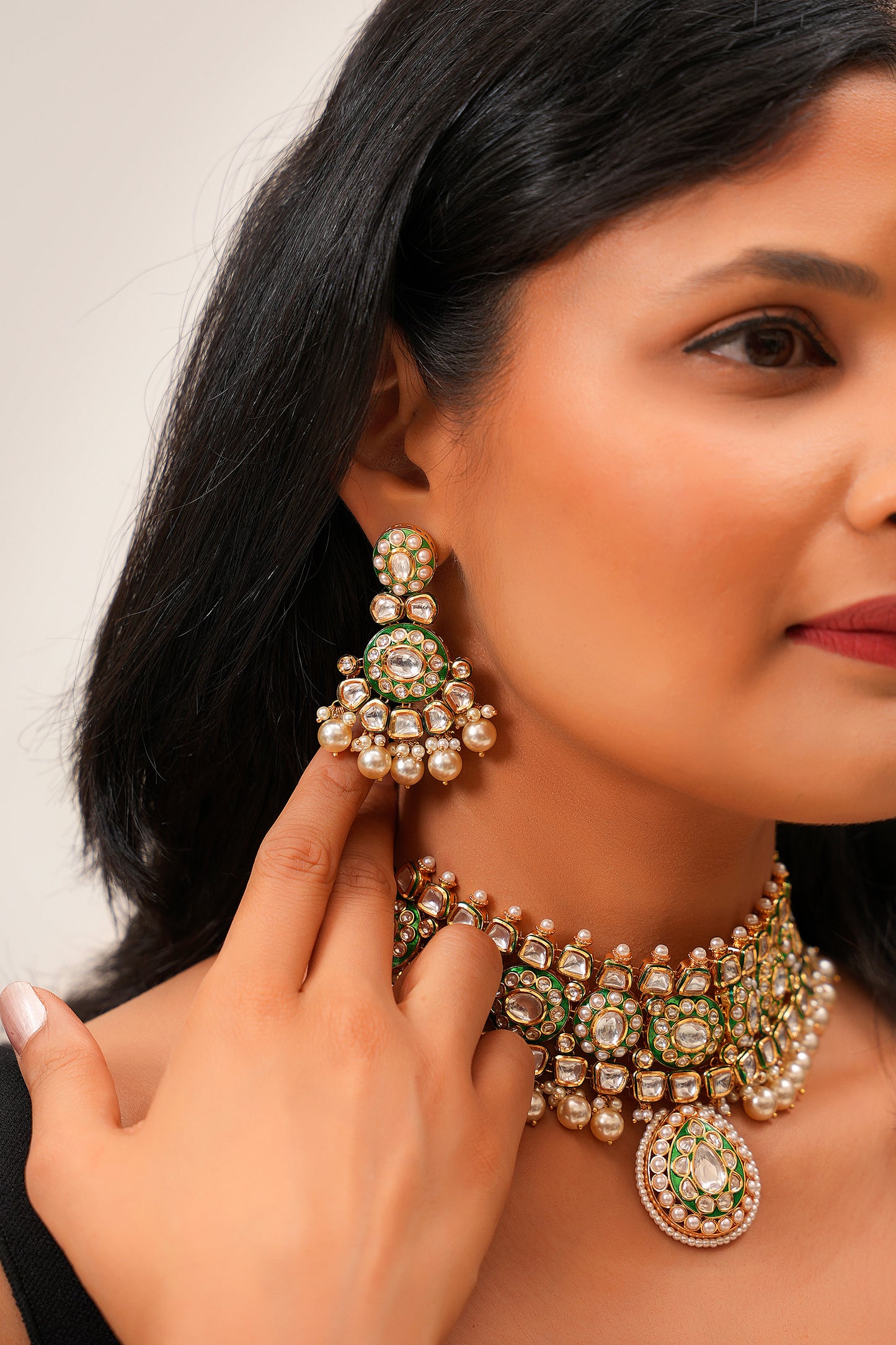Emerald Green Enamel Moissanite Polki Choker Set with Pearl Drops in 22 Karat Gold Plating (Set of 3)