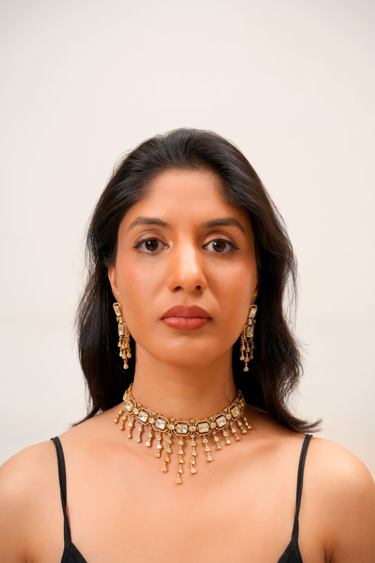 Jaipur Jadau Moissanite Polki & American Diamond Choker Set — Art Deco Bridal (Set of 2)
