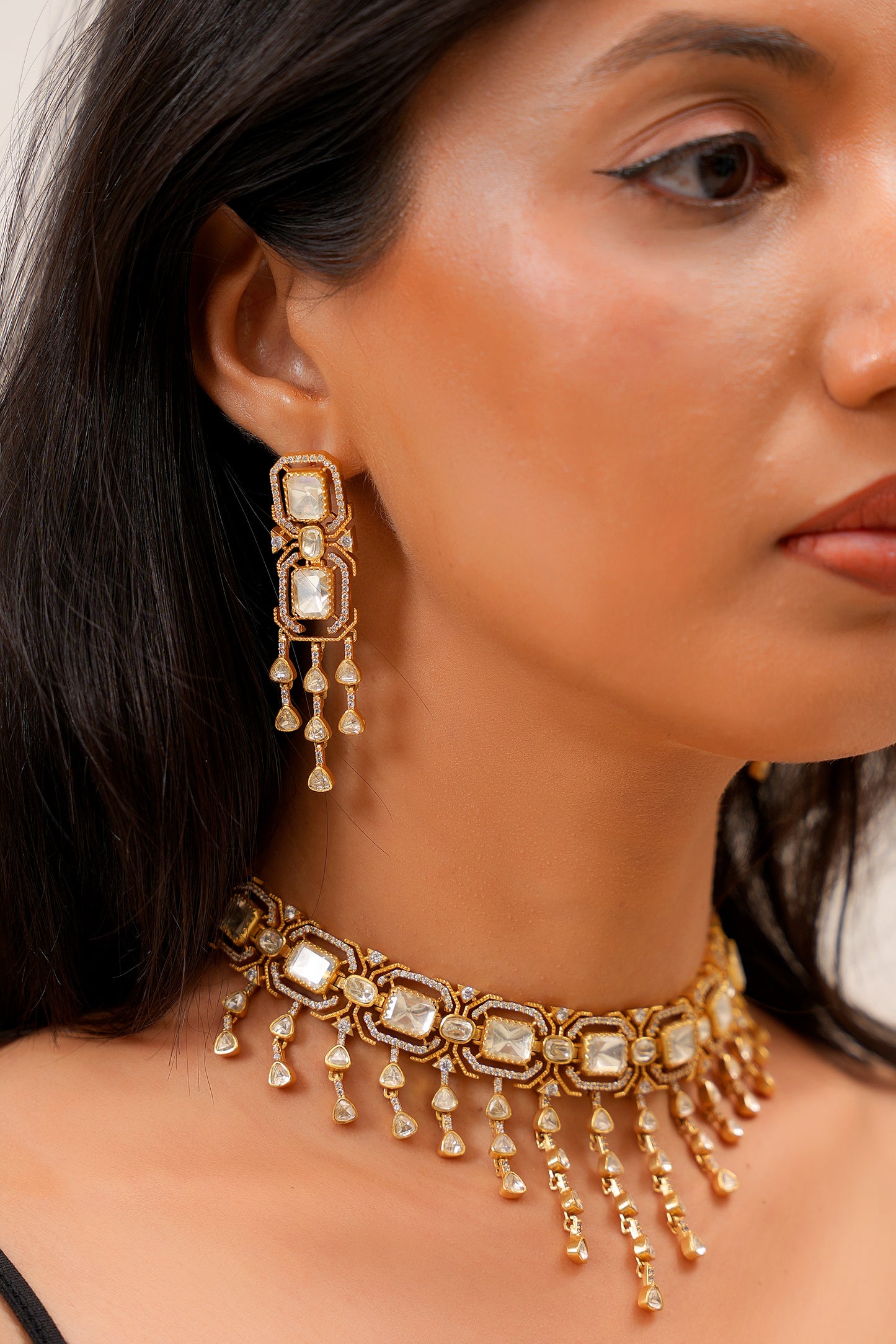 Jaipur Jadau Moissanite Polki & American Diamond Choker Set — Art Deco Bridal (Set of 2)