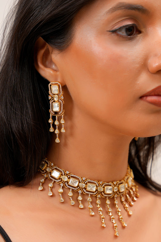 Jaipur Jadau Moissanite Polki & American Diamond Choker Set — Art Deco Bridal (Set of 2)