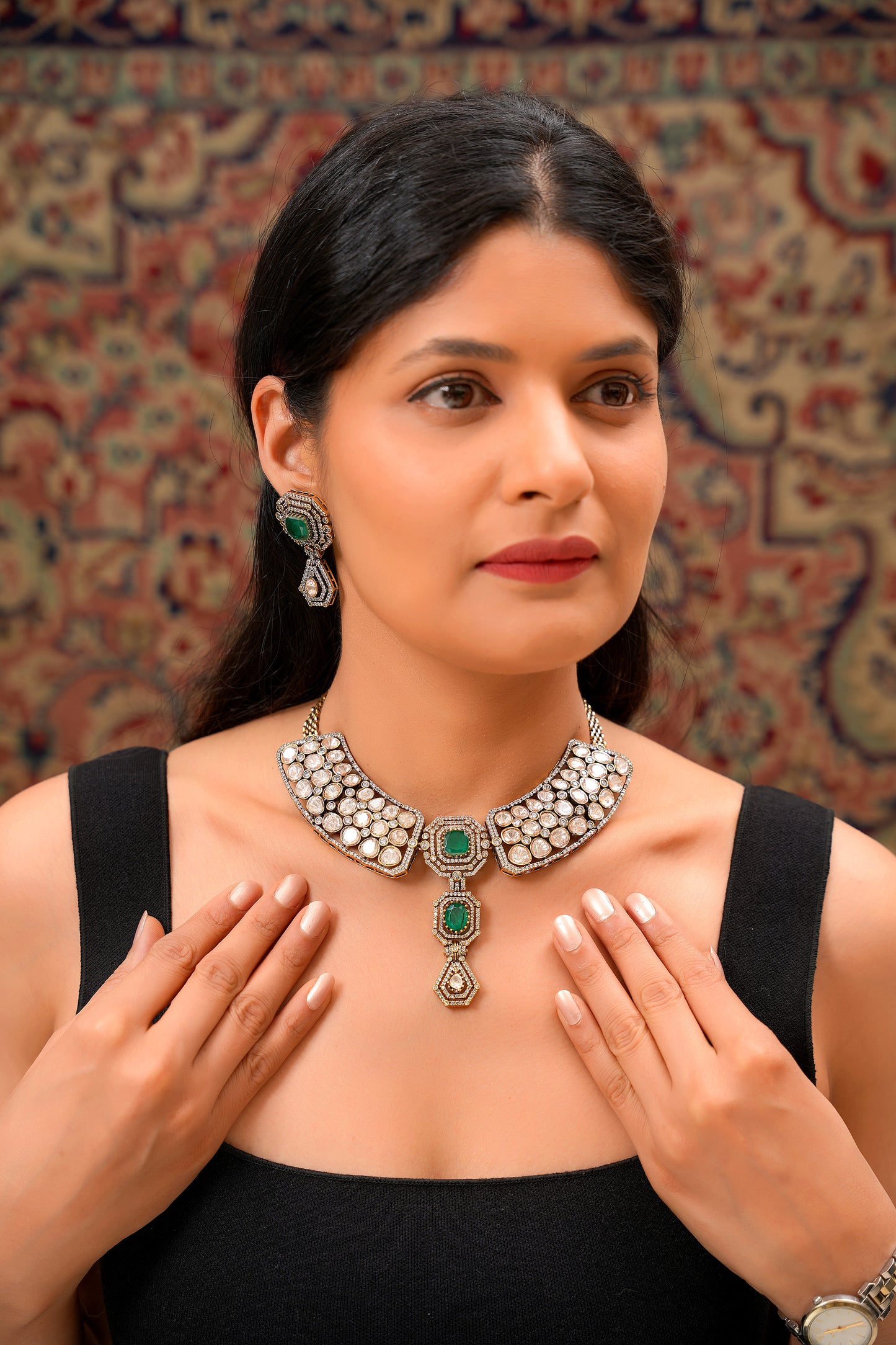 Two-Tone Art Deco Emerald-Green Agate & Moissanite Polki Peter Pan Collar Necklace Set with Geometric Drop Earrings (Set of 2)