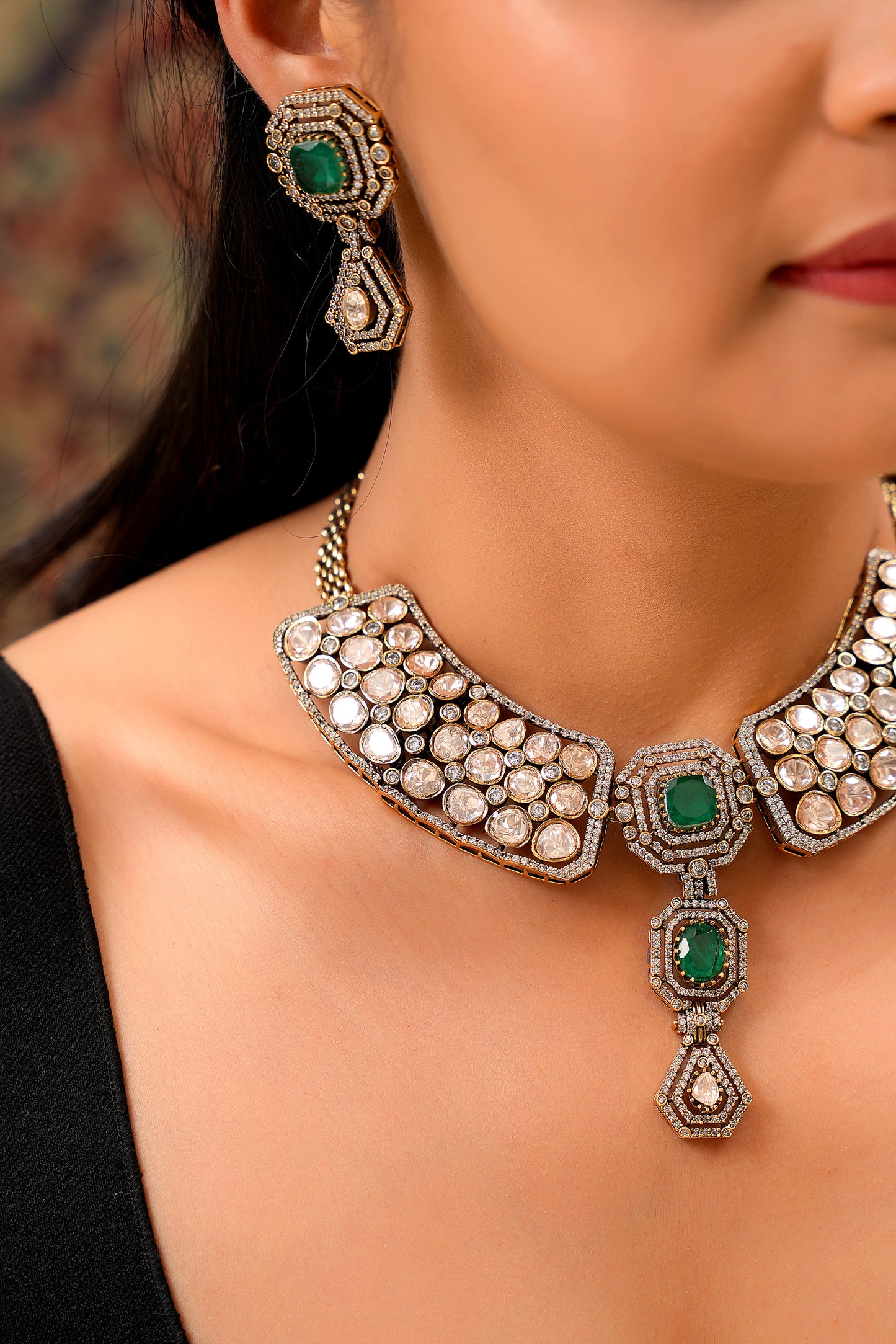 Two-Tone Art Deco Emerald-Green Agate & Moissanite Polki Peter Pan Collar Necklace Set with Geometric Drop Earrings (Set of 2)