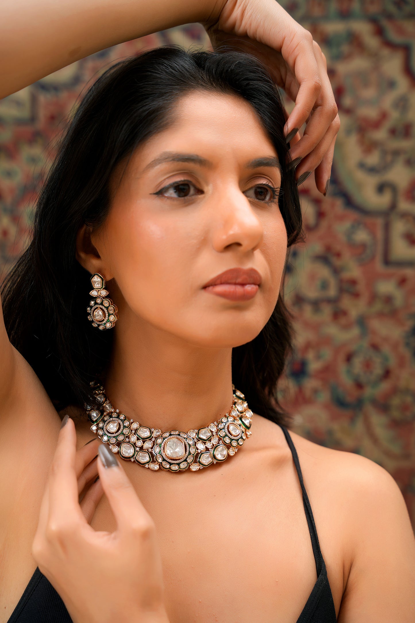 22K Gold Moissanite Polki & Deep Forest Green Enamel Collar Choker & Drop Earring Set (Set of 2)