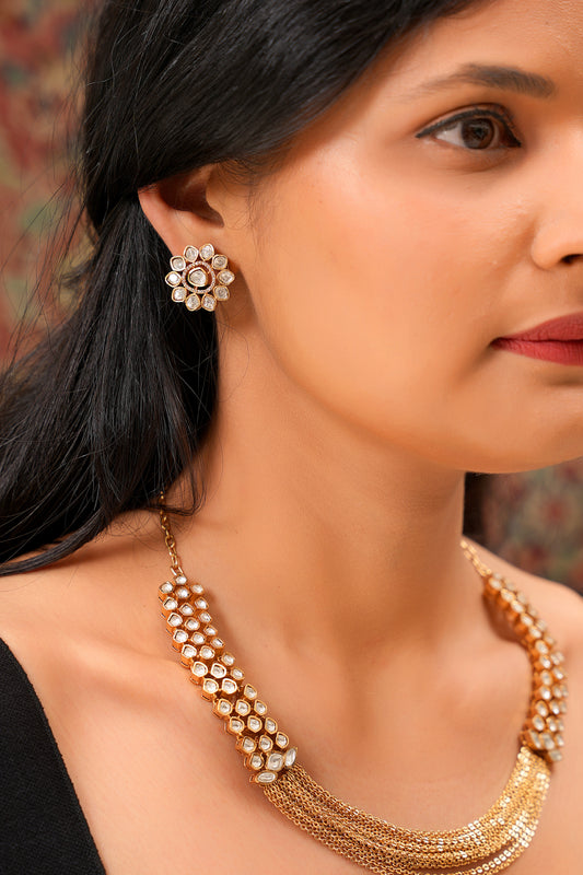 Art Deco 22K Gold Moissanite Polki Multi-Strand Tassel Necklace & Stud Earring Set — Festive Contemporary (Set of 2)