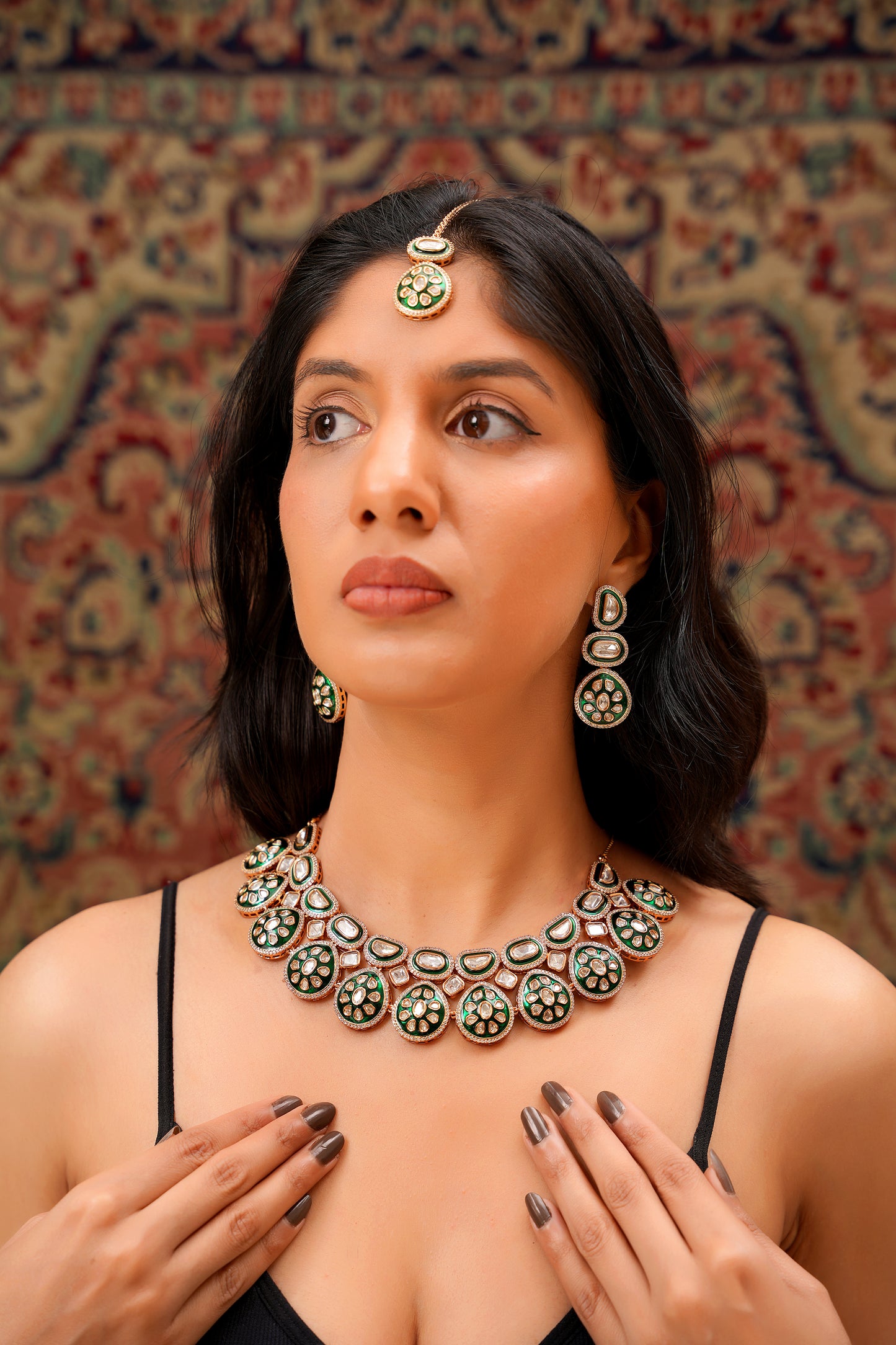 22K Gold Finish Moissanite Polki and Green Meenakari Bridal Necklace Set with Maang Tikka — Mughal (Set of 3)