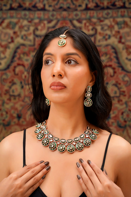 22K Gold Finish Moissanite Polki and Green Meenakari Bridal Necklace Set with Maang Tikka — Mughal (Set of 3)
