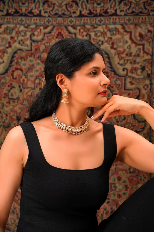 Moissanite Polki Jhumka Set with Scrollwork Kundan Choker in 22 Karat Gold (Set of 2)