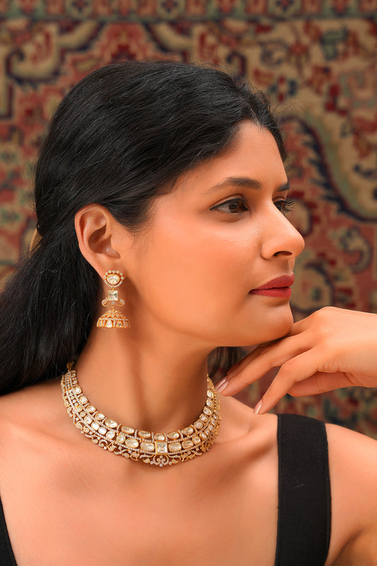 Moissanite Polki Jhumka Set with Scrollwork Kundan Choker in 22 Karat Gold (Set of 2)
