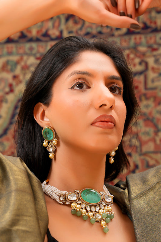 22K Gold-Finish Emerald-Green Agate Cabochon, Moissanite Polki  & Seed Pearl Choker with Polki  Earring (Set of 2)