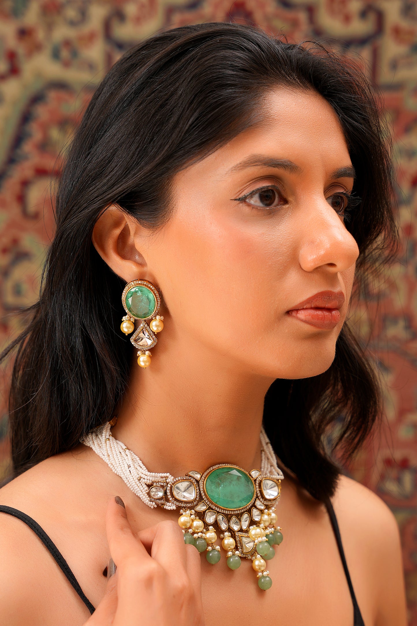 22K Gold-Finish Emerald-Green Agate Cabochon, Moissanite Polki  & Seed Pearl Choker with Polki  Earring (Set of 2)