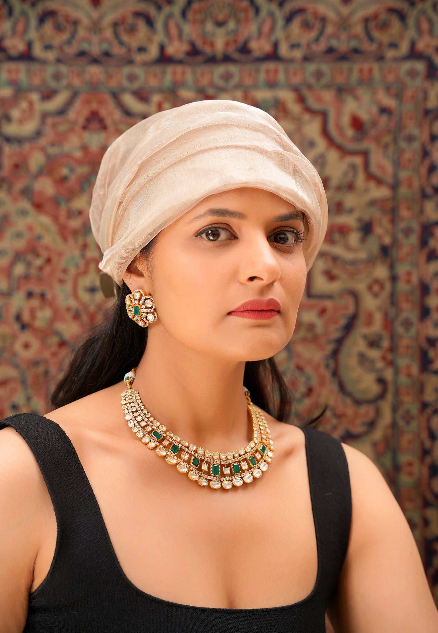 22K Gold Finish Moissanite Polki, Green Agate & American Diamond Layered Necklace & Earring Set — Festive Statement (Set of 2)