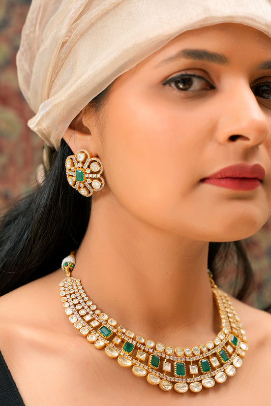22K Gold Finish Moissanite Polki, Green Agate & American Diamond Layered Necklace & Earring Set — Festive Statement (Set of 2)