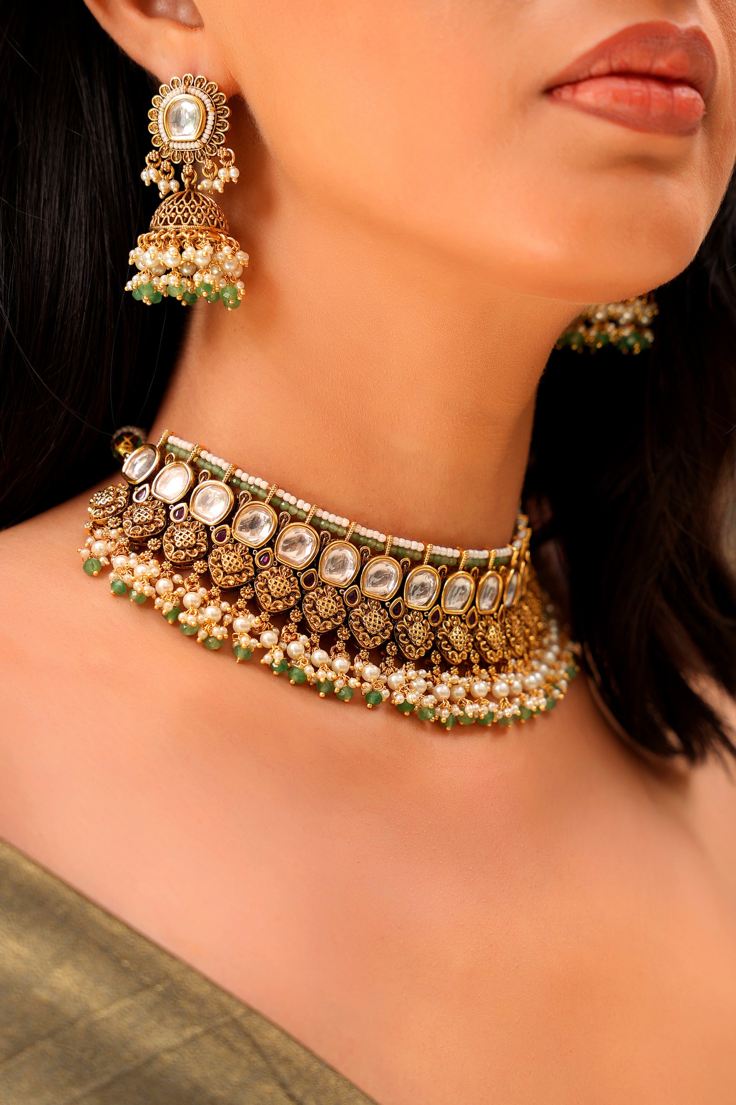 Antique 22K GoldFinish Moissanite Polki Choker with Pearl & Emerald-Green Agate Bead Jhumka Set — Bridal and Statement (Set of 2)