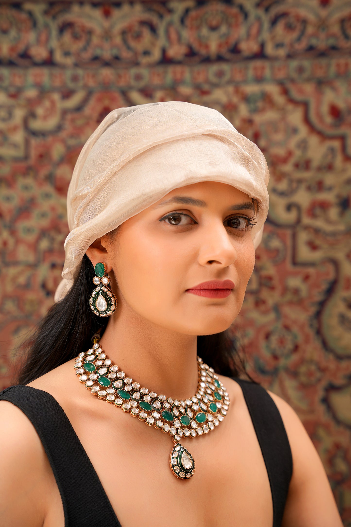 Rajasthani Emerald-Green Agate & Moissanite Polki Meenakari Layered Choker Set — 22K Gold Finish (Set of 2)