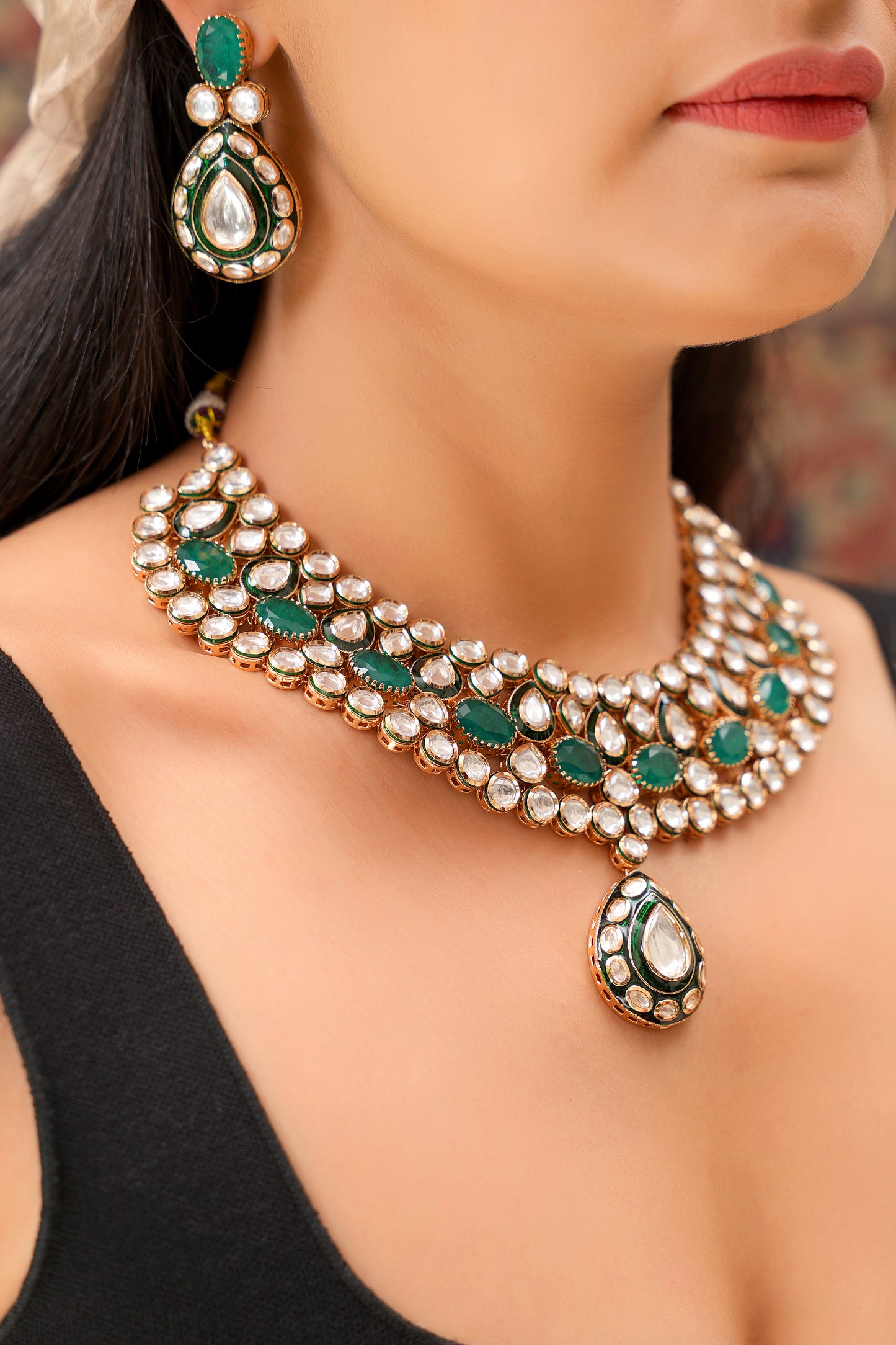 Rajasthani Emerald-Green Agate & Moissanite Polki Meenakari Layered Choker Set — 22K Gold Finish (Set of 2)