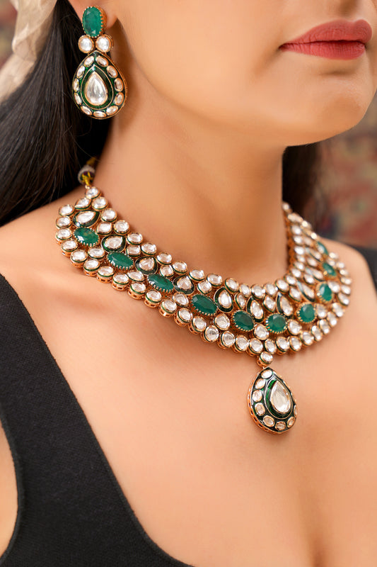 Rajasthani Emerald-Green Agate & Moissanite Polki Meenakari Layered Choker Set — 22K Gold Finish (Set of 2)
