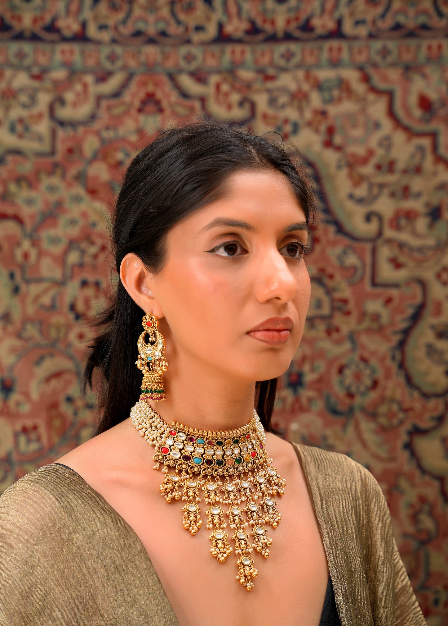 22K Gold-Finish Navratan Moissanite Polki Seed Pearl Haar & Chandbali Jhumka Earring Set (Set of 2)