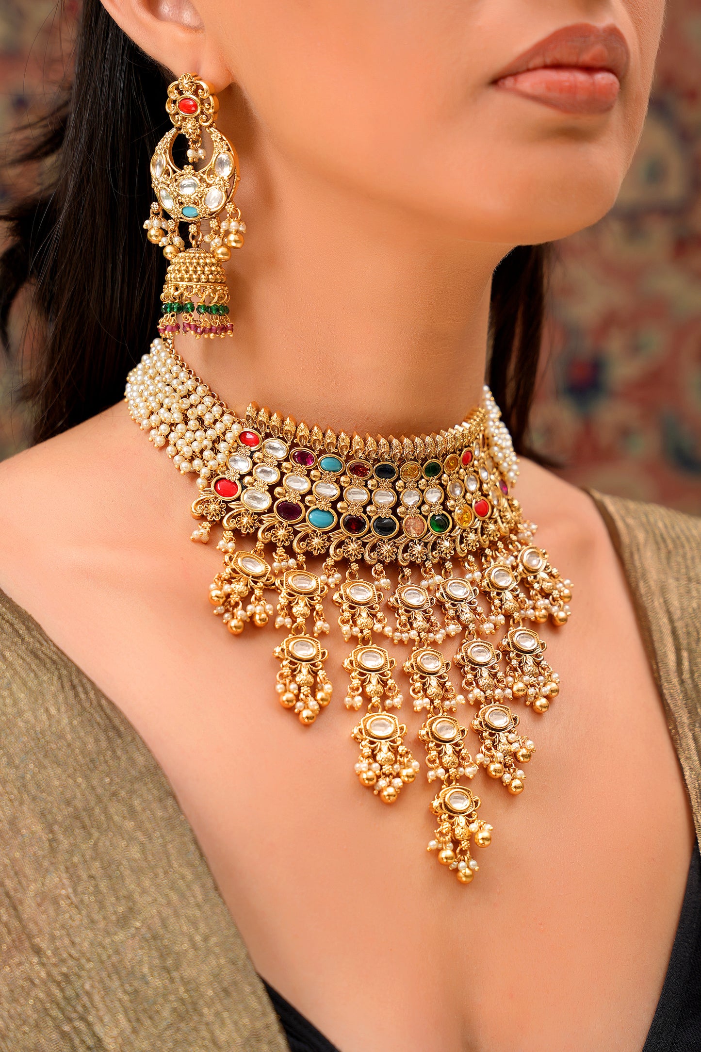 22K Gold-Finish Navratan Moissanite Polki Seed Pearl Haar & Chandbali Jhumka Earring Set (Set of 2)