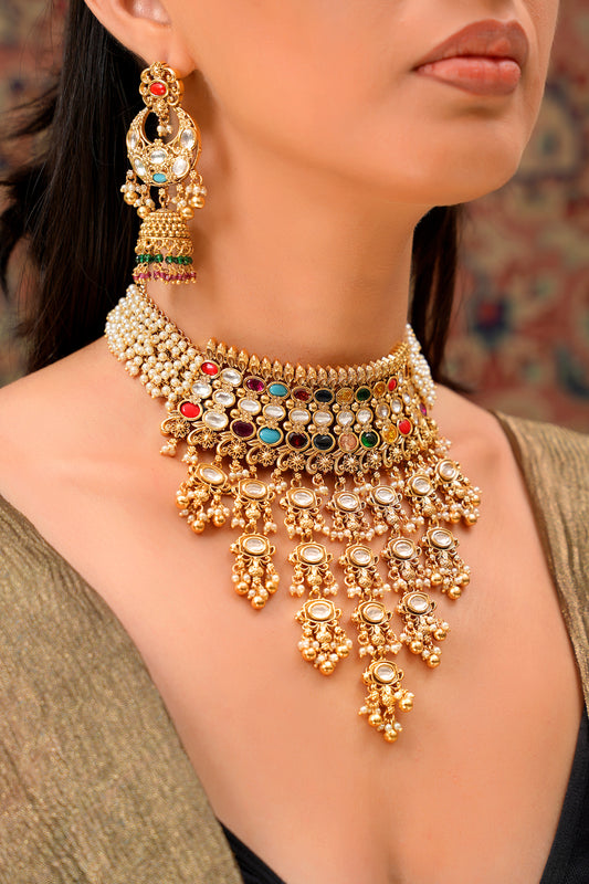 22K Gold-Finish Navratan Moissanite Polki Seed Pearl Haar & Chandbali Jhumka Earring Set (Set of 2)