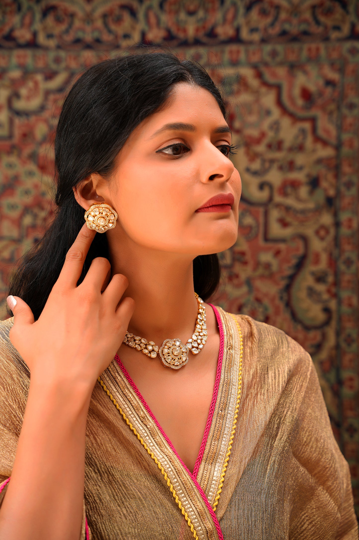 Moissanite Polki Floral Kundan Choker Necklace Set in 22 Karat Gold (Set of 2)