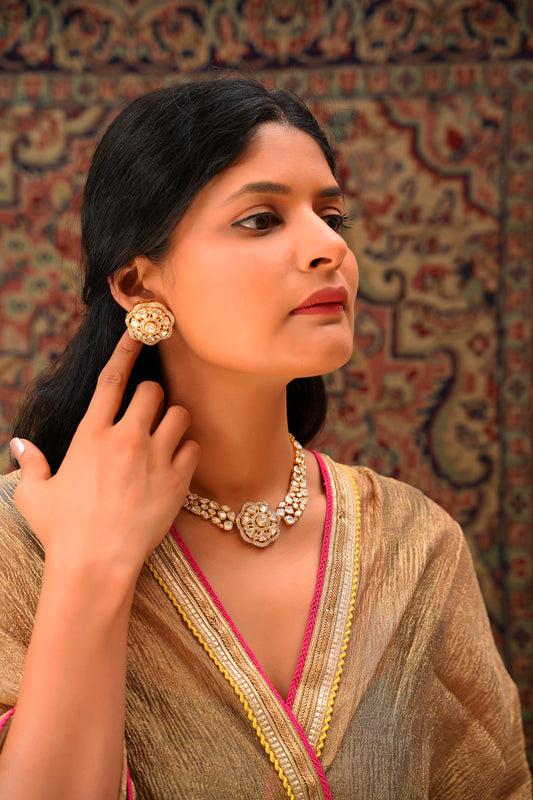 Moissanite Polki Floral Kundan Choker Necklace Set in 22 Karat Gold (Set of 2)