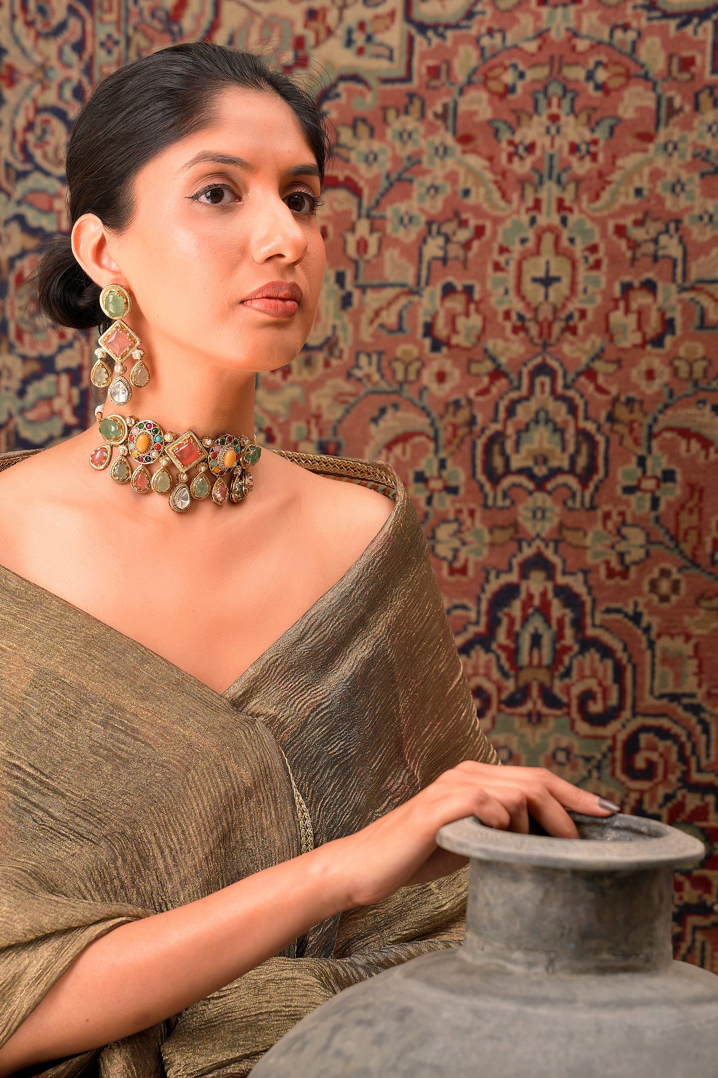 22K Gold-Finish Navratan Multi-Stone Choker & Chandelier Earring Set (Set of 2)