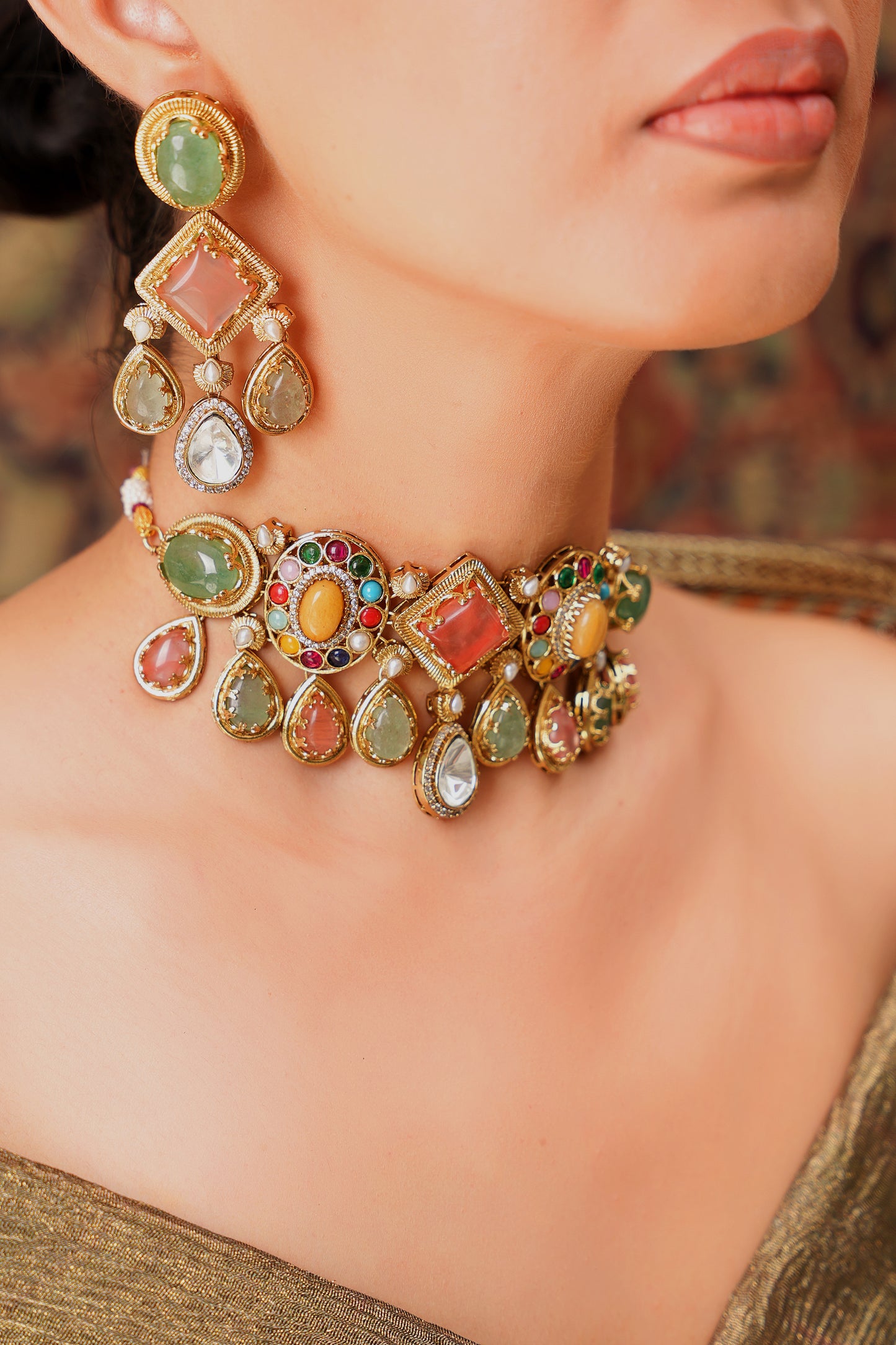 22K Gold-Finish Navratan Multi-Stone Choker & Chandelier Earring Set (Set of 2)