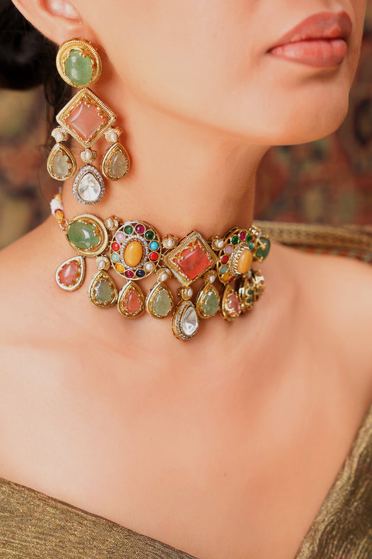 22K Gold-Finish Navratan Multi-Stone Choker & Chandelier Earring Set (Set of 2)