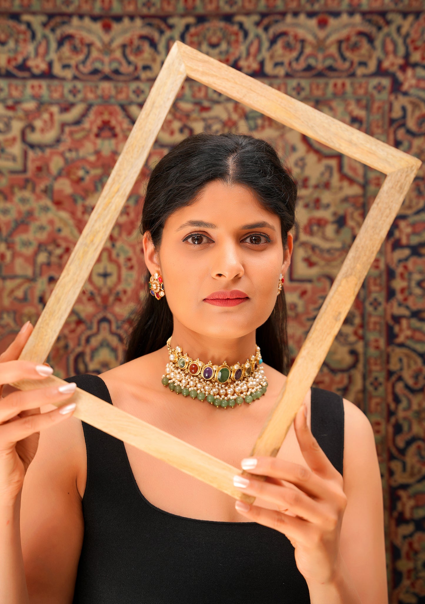 22K Gold-Finish Navratan Cabochon Choker Set with Pearl, Jade Bead Drops, and Navratan Stud Earrings