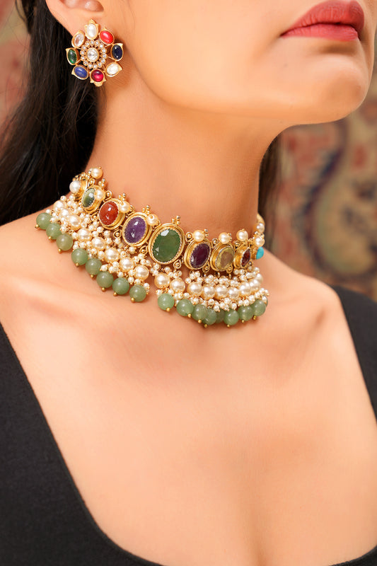 22K Gold-Finish Navratan Cabochon Choker Set with Pearl, Jade Bead Drops, and Navratan Stud Earrings