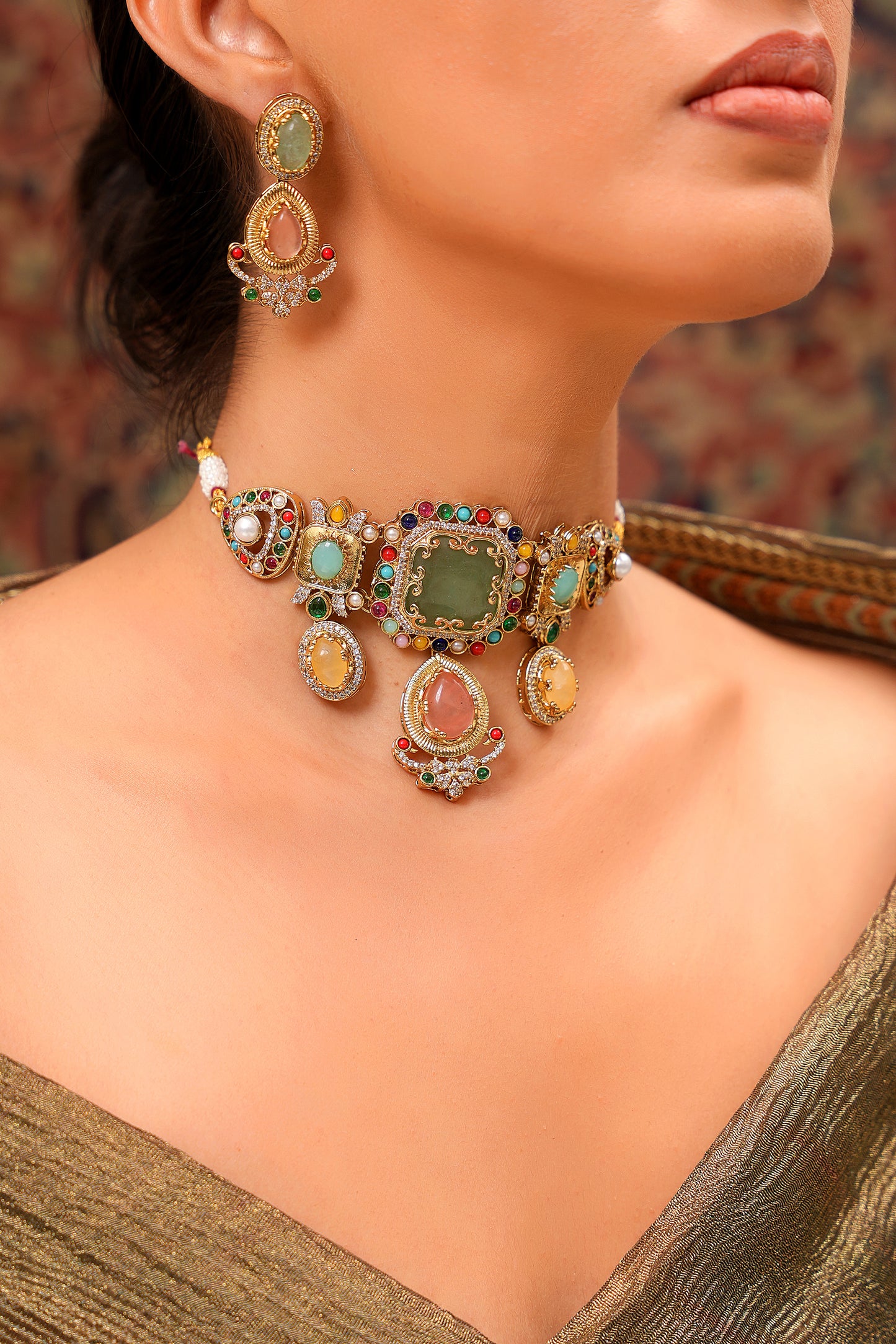 22K Gold-Finish Navratan, Cabochon, & American Diamond Statement Choker & Earring Set (Set of 2)