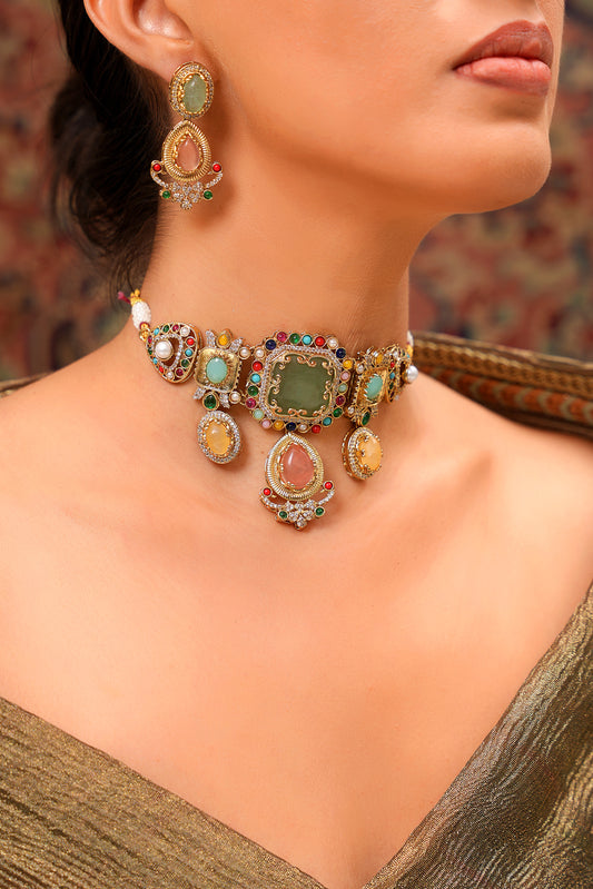 22K Gold-Finish Navratan, Cabochon, & American Diamond Statement Choker & Earring Set (Set of 2)
