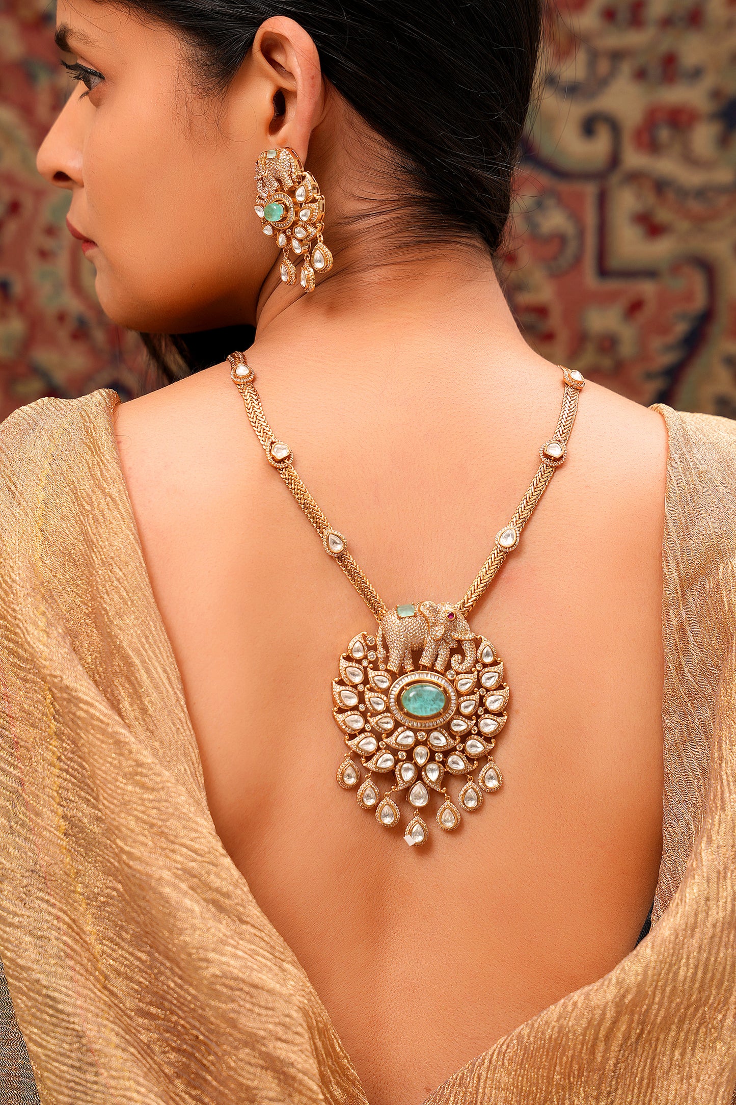 22K Gold-Plated Moissanite Polki & Pavé American Diamond Elephant Long Necklace Set with Drop Earrings (Set of 2)