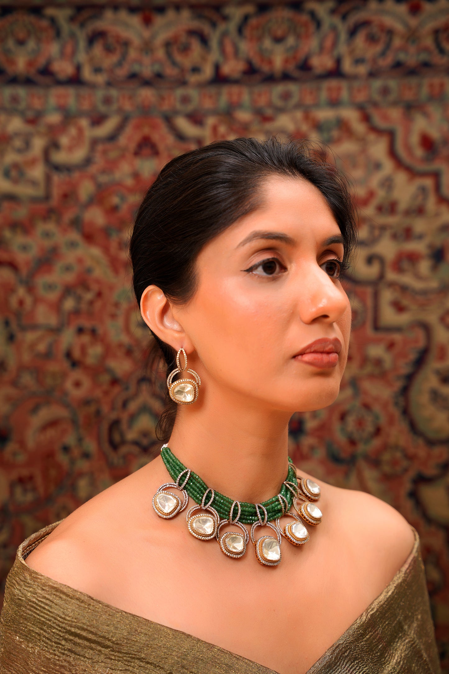 Emerald Bead Choker with Moissanite Polki Orbit Drops & American Diamond Earrings in 22 Karat Gold-Plating (Set of 2)