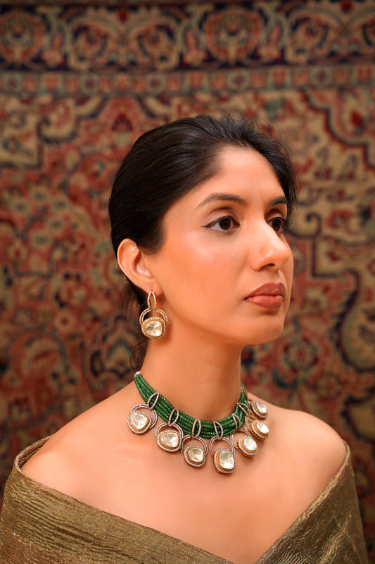 Emerald Bead Choker with Moissanite Polki Orbit Drops & American Diamond Earrings in 22 Karat Gold-Plating (Set of 2)