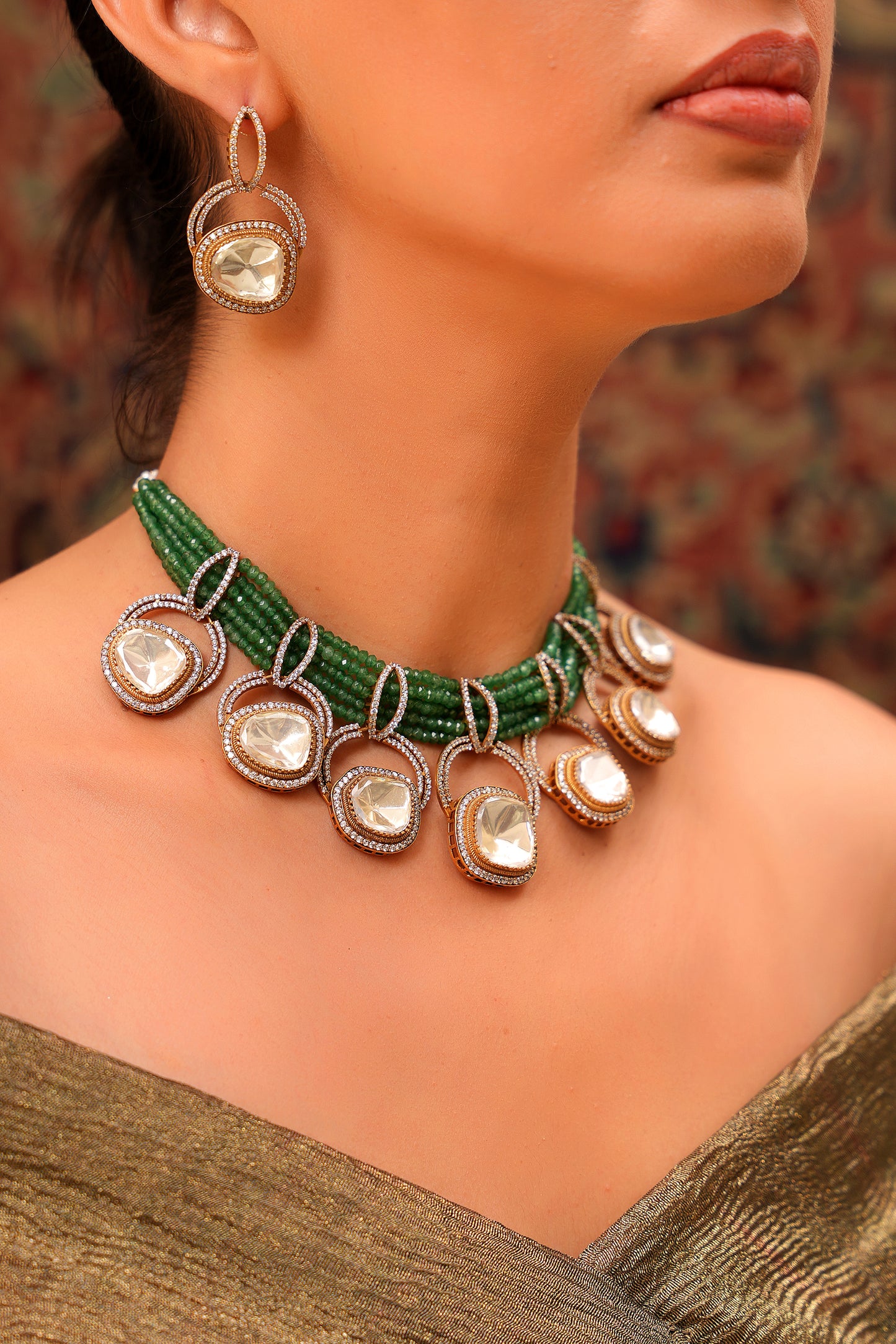 Emerald Bead Choker with Moissanite Polki Orbit Drops & American Diamond Earrings in 22 Karat Gold-Plating (Set of 2)