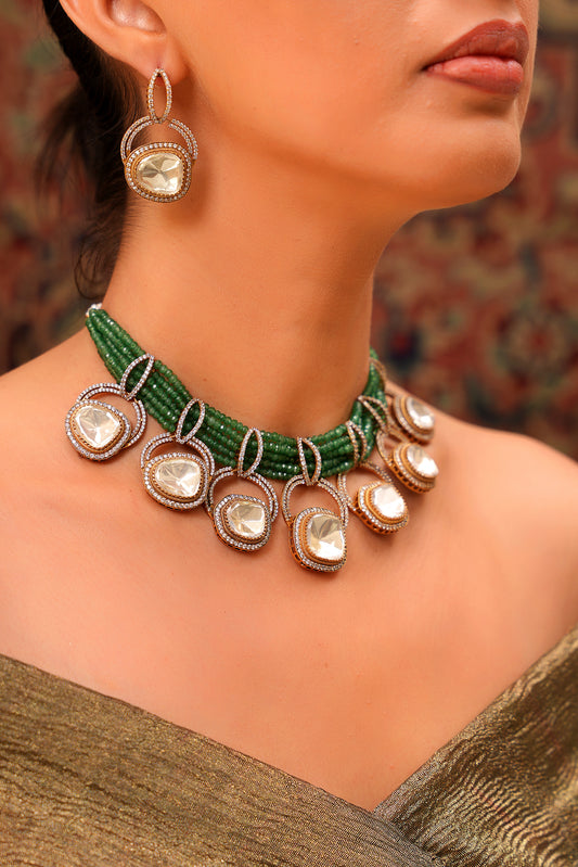 Emerald Bead Choker with Moissanite Polki Orbit Drops & American Diamond Earrings in 22 Karat Gold-Plating (Set of 2)