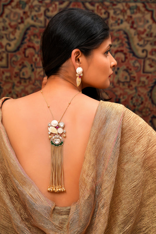 Gold Tassel Long Necklace Set with Bone Inlay & Kundan — Artisan Statement (Set of 2)