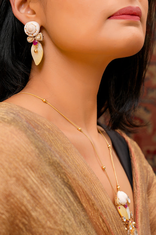 Gold Tassel Long Necklace Set with Bone Inlay & Kundan — Artisan Statement (Set of 2)