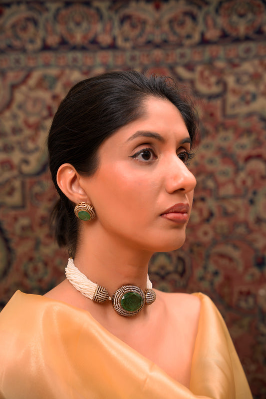 Emerald & Multi-Strand Pearl Choker Set with Art Deco American Diamond Frame in 22 Karat Gold-Plating (Set of 2)