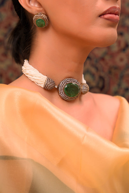 Emerald & Multi-Strand Pearl Choker Set with Art Deco American Diamond Frame in 22 Karat Gold-Plating (Set of 2)