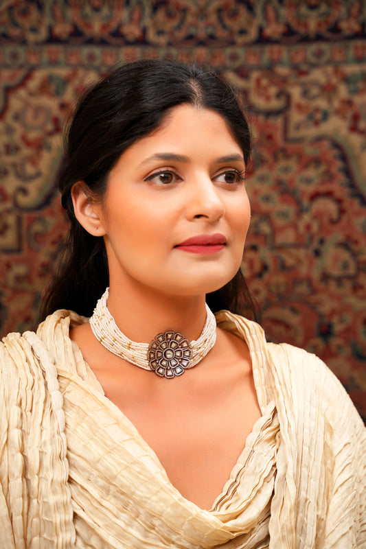 Multi-Strand Pearl Choker with Floral Moissanite Polki Mandala Pendant — Contemporary Chic