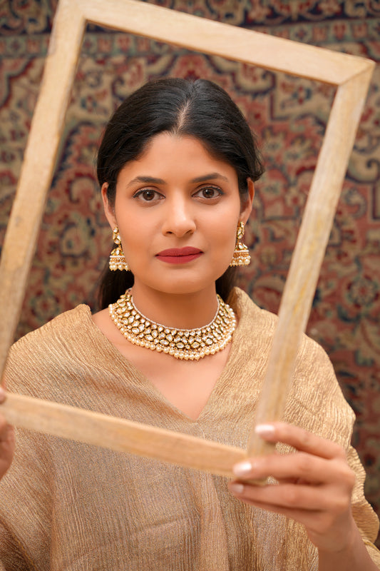 22K Gold-Finish Moissanite Polki Pearl Bridal Choker & Jhumka Earring Set — Rajasthani (Set of 2)