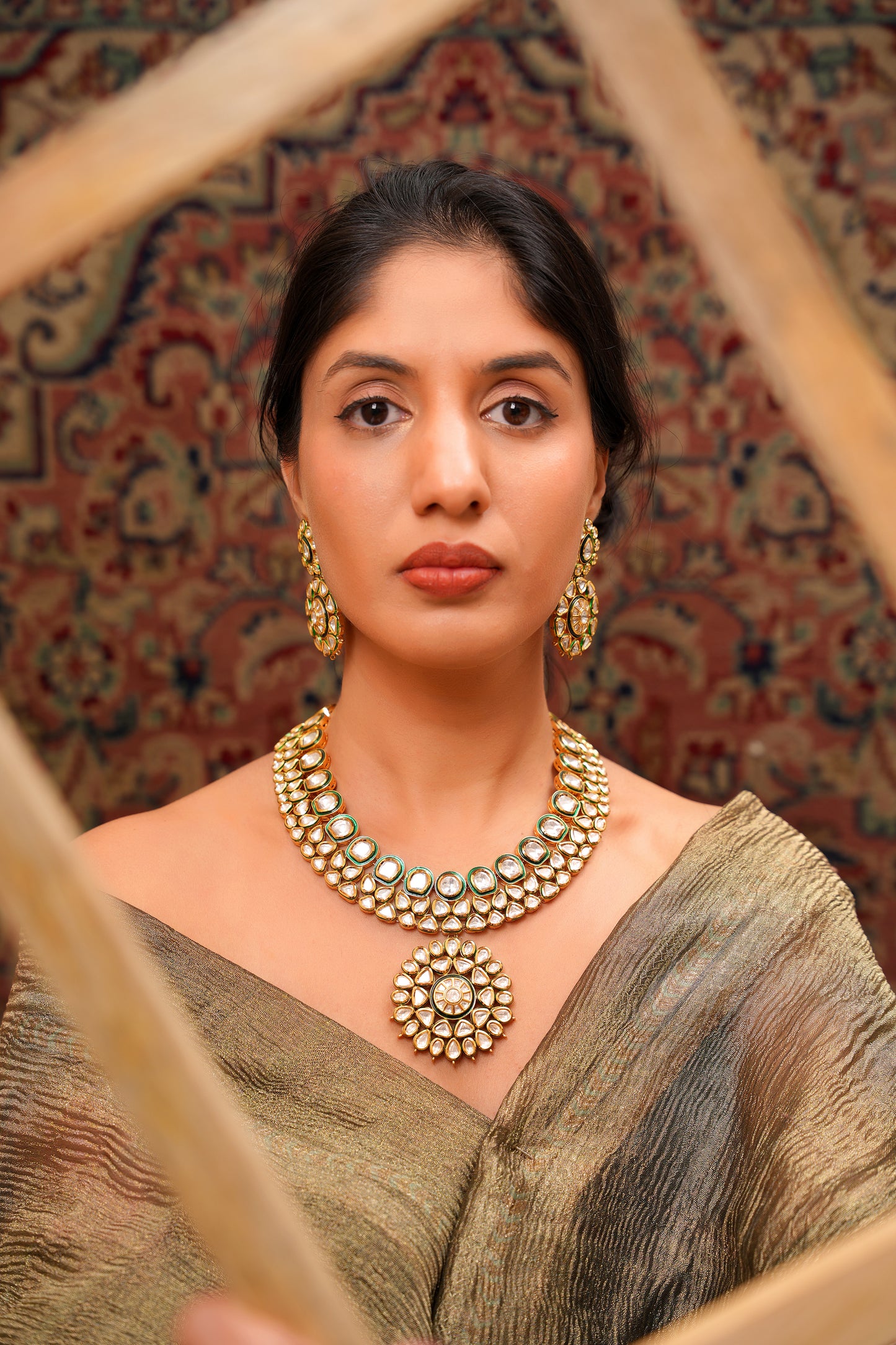 Gold-Finish Moissanite Polki Floral Pendant Necklace & Earring Set with Green Meenakari — Rajasthani and Statement Wear