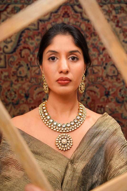 Gold-Finish Moissanite Polki Floral Pendant Necklace & Earring Set with Green Meenakari — Rajasthani and Statement Wear