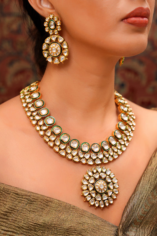 Gold-Finish Moissanite Polki Floral Pendant Necklace & Earring Set with Green Meenakari — Rajasthani and Statement Wear