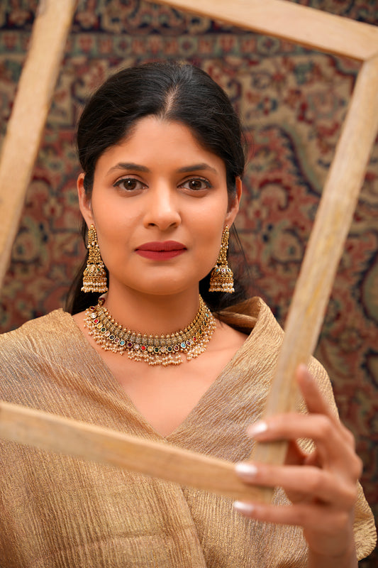 22K Gold-Finish Navratan Choker with Pearl Drops & Jhumka Earrings (Set of 2)