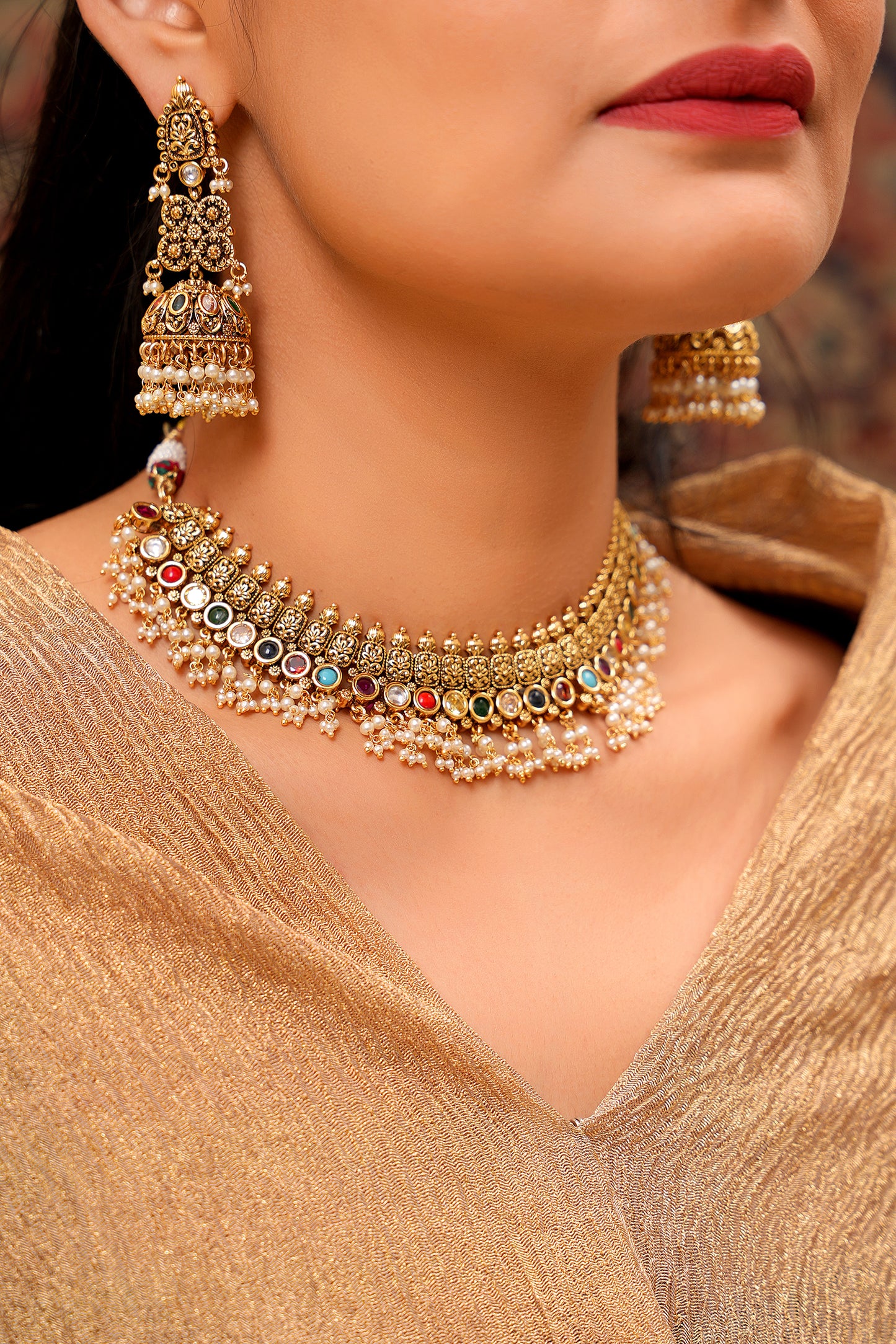 22K Gold-Finish Navratan Choker with Pearl Drops & Jhumka Earrings (Set of 2)